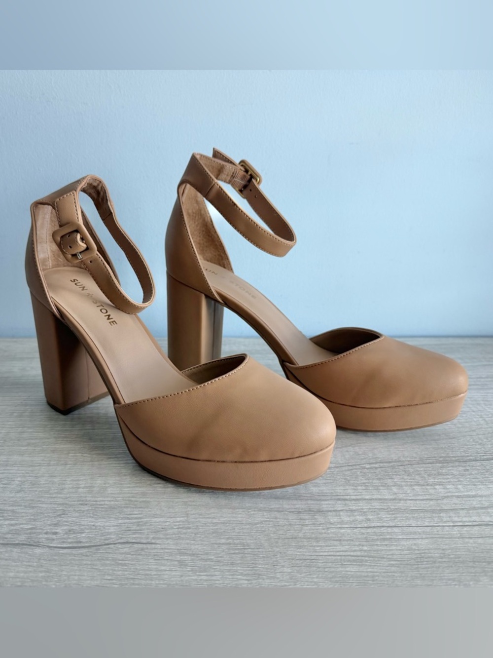 NWOB Sun + Stone Women's Nude Birdey Ankle Strap Block Heel Platform Pumps 9.5